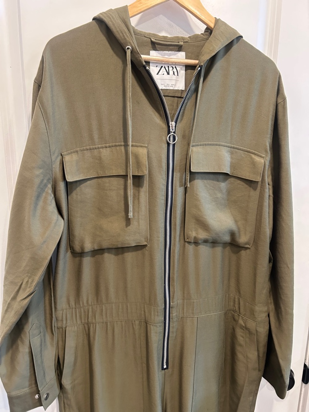 Zara Olive Utility Hooded Jumpsuit with Front Zip